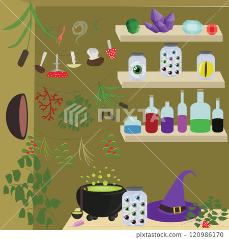 Witchs house. The interior of the room where the forest witch lives. Vector illustration. 120986170