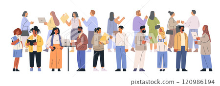 Diverse group collaboration business meeting concept. People engaged in discussions holding laptops and documents in casual attire on a white background 120986194