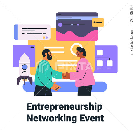 Entrepreneurship networking event handshake business collaboration concept with two people shaking hands surrounded by digital elements rocket charts abstract shapes Entrepreneurship networking event handshake business collaboration concept with two people shaking hands surrounded by digital elements rocket charts abstract shapes 120986195