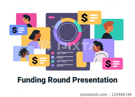 Funding round presentation concept with diverse people and financial icons around a colorful chart on a digital dashboard. Web design template 120986196