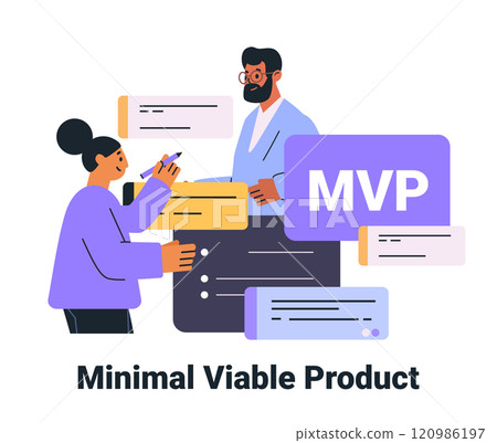 Minimal Viable Product concept teamwork characters collaborating colorful elements abstract design Minimal Viable Product concept teamwork characters collaborating colorful elements abstract design 120986197