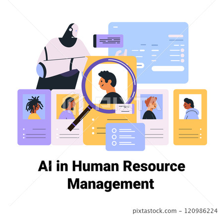 AI human resource management concept with robot analyzing candidate profiles magnifying glass diverse avatars digital interface colorful design website template 120986224