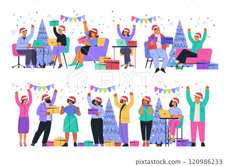 Office Christmas party celebration people exchanging gifts festive decor Christmas tree confetti cheerful atmosphere holiday event digital design Office Christmas party celebration people exchanging gifts festive decor Christmas tree confetti cheerful atmosphere holiday event digital design 120986233
