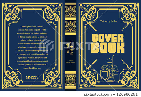 Book cover design featuring an elegant frame and a medieval knight holding a sword and a shield, perfect for historical novels 120986261