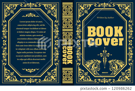 Elegant antique book cover design featuring intricate gold foil design elements on a navy blue background 120986262
