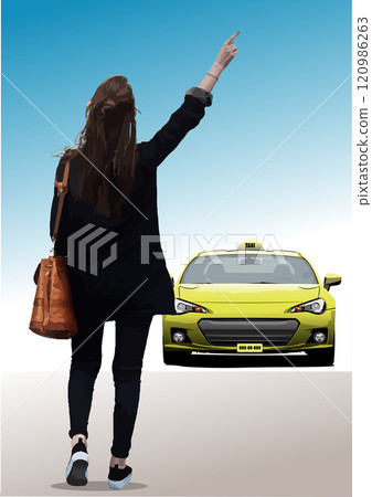 Young woman is hailing a yellow taxi cab on a bright sunny day Young woman is hailing a yellow taxi cab on a bright sunny day 120986263