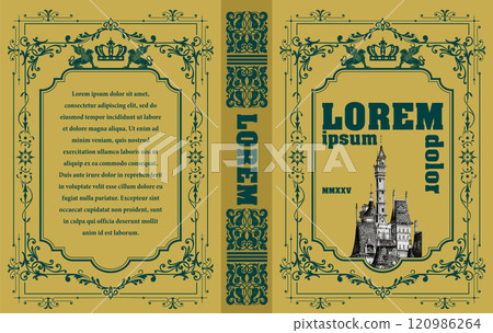 Ornate vintage book cover design with intricate borders, a majestic castle illustration, and elegant typography 120986264