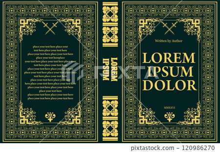 Elegant cover design featuring crossed swords and golden floral ornaments on a green background 120986270
