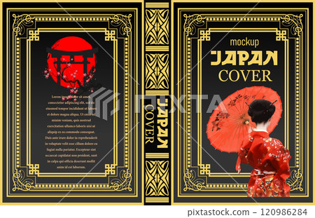 Geisha holding red umbrella with japanese cover design featuring torii and red sun 120986284