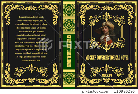 Elegant hardcover book cover featuring a portrait of a seventeenth century gentleman Elegant hardcover book cover featuring a portrait of a seventeenth century gentleman 120986286