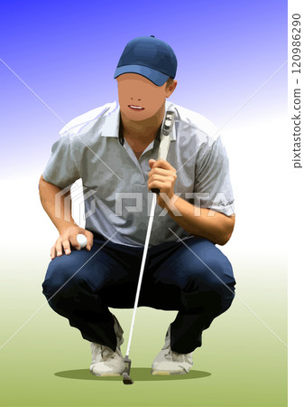 Golfer planning his next shot on the green Golfer planning his next shot on the green 120986290