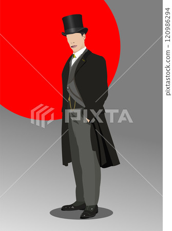 Victorian gentleman wearing top hat and long coat posing 120986294