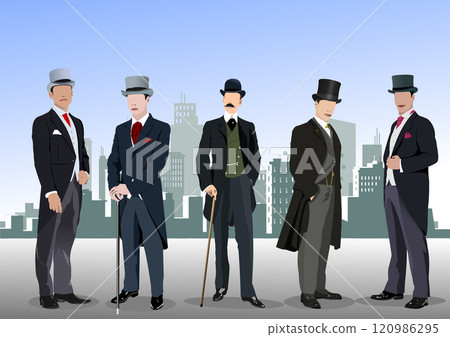 Five victorian gentlemen wearing suits and top hats posing in front of city 120986295