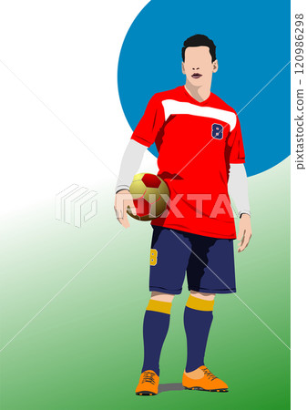 Soccer player is posing on a green field with a football Soccer player is posing on a green field with a football 120986298