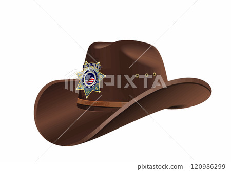 Brown cowboy sheriff hat with badge presenting law enforcement concept Brown cowboy sheriff hat with badge presenting law enforcement concept 120986299