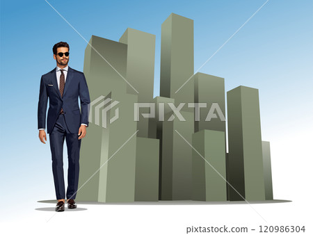 Businessman walking towards an abstract cityscape on a sunny day Businessman walking towards an abstract cityscape on a sunny day 120986304