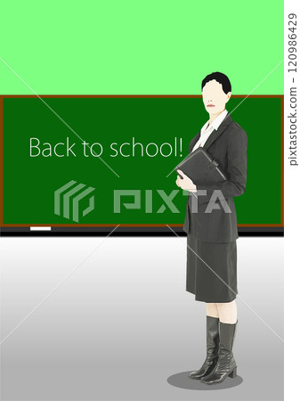 Teacher standing in front of chalkboard with back to school sign Teacher standing in front of chalkboard with back to school sign 120986429