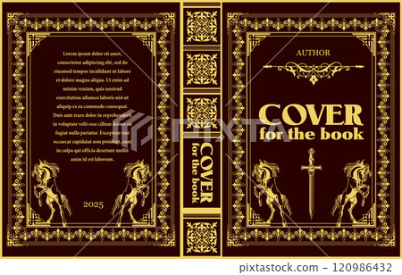 Ornate book cover design featuring two horses and a sword 120986432
