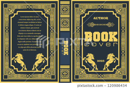Book cover design featuring two horses rearing up on hind legs 120986434