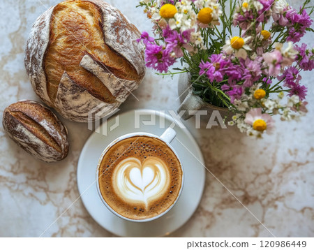 cozy bakery scene featuring latte with heart design, fresh bread, and bouquet of flowers. Perfect for warm and inviting atmosphere 120986449