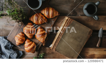 Freshly baked croissants on rustic kitchen counter with recipe book, coffee mugs, and herbs, creating warm and inviting atmosphere for baking enthusiasts Freshly baked croissants on rustic kitchen counter with recipe book, coffee mugs, and herbs, creating warm and inviting atmosphere for baking enthusiasts 120986471