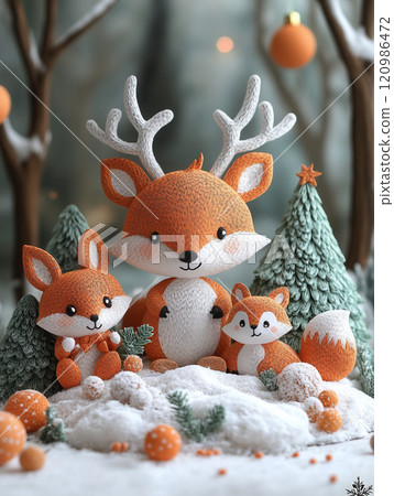 Adorable Christmas themed paper art scene featuring family of foxes surrounded by snow, trees, and festive decorations, creating warm and joyful atmosphere 120986472