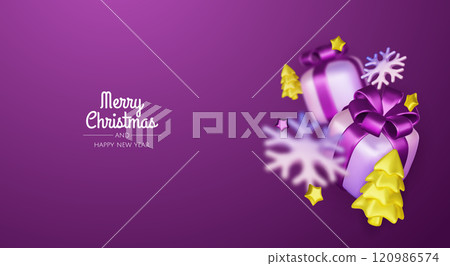 Happy New Year and Merry Christmas. Christmas holiday background with realistic 3d objects, violet and white bauble balls, conical metal stars, gift. Levitation falling design composition. 120986574