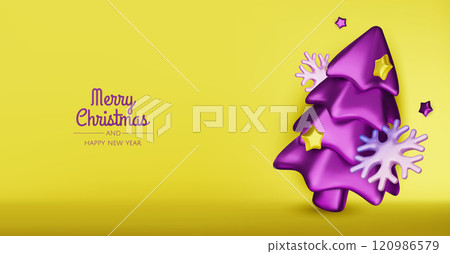 Christmas winter festive composition. Colorful Xmas background realistic 3d decorative design objects, christmas tree, gift boxes, xmas ball, gold confetti. Happy New Year. Vector illustration 120986579