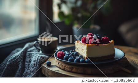 cozy cafe setting featuring slice of cheesecake topped with fresh berries, accompanied by steaming cup of espresso, creating warm and inviting atmosphere for dessert lovers 120986608