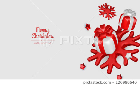Happy New Year and Merry Christmas. Christmas holiday background with realistic 3d objects, bauble balls, conical metal stars. Levitation falling design composition. 120986640