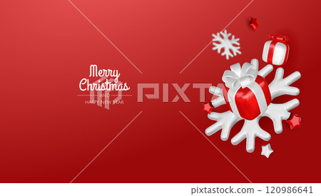 Christmas winter festive composition. Colorful Xmas background realistic 3d decorative design objects, christmas tree, gift boxes, xmas ball, confetti. Happy New Year. Vector illustration 120986641