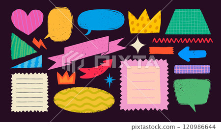 Retro ribbon banners and shapes in rough rustic style. Hand drawn vintage textured badges, banners, ribbon, flags, and other design elements. Hand-drawn infographic Vector collection 120986644