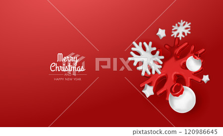 Happy New Year and Merry Christmas. Christmas holiday background with realistic 3d objects, bauble balls, conical metal stars. Levitation falling design composition. 120986645