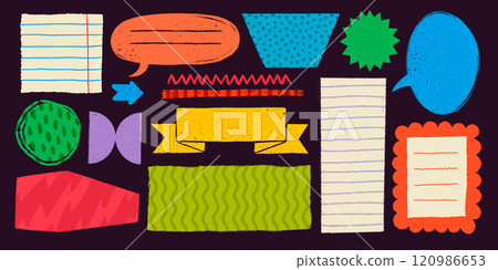 Memo notes and stickers in rough rustic style. Hand drawn vintage textured badges, banners, ribbon, flags, and other design elements. Hand-drawn infographic Vector collection Memo notes and stickers in rough rustic style. Hand drawn vintage textured badges, banners, ribbon, flags, and other design elements. Hand-drawn infographic Vector collection 120986653