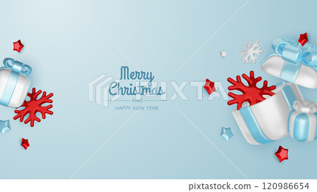 Happy New Year and Merry Christmas. Christmas holiday background with realistic 3d objects, bauble balls, conical metal stars. Levitation falling design composition. Happy New Year and Merry Christmas. Christmas holiday background with realistic 3d objects, bauble balls, conical metal stars. Levitation falling design composition. 120986654