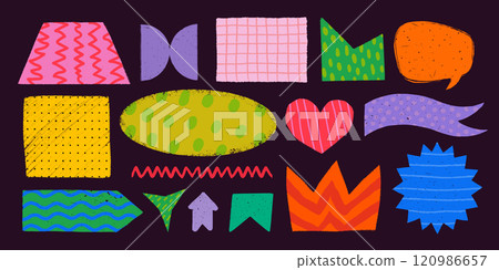Simple shapes with various patterns in rough rustic style. Hand drawn vintage textboxes, banners and other forms with textures and patterns. Hand-drawn infographic Vector collection 120986657