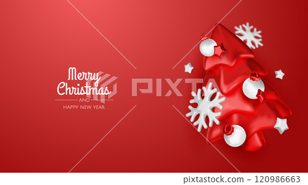 Happy New Year and Merry Christmas. Christmas holiday background with realistic 3d objects, bauble balls, conical metal stars. Levitation falling design composition. 120986663