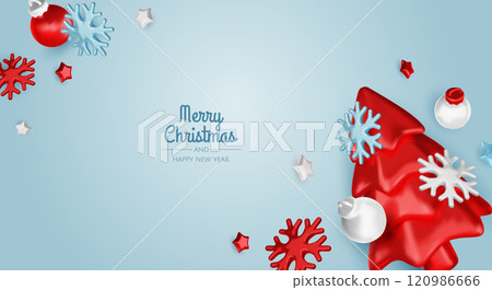Christmas winter festive composition. Colorful Xmas background realistic 3d decorative design objects, christmas tree, gift boxes, xmas ball, confetti. Happy New Year. Vector illustration Christmas winter festive composition. Colorful Xmas background realistic 3d decorative design objects, christmas tree, gift boxes, xmas ball, confetti. Happy New Year. Vector illustration 120986666