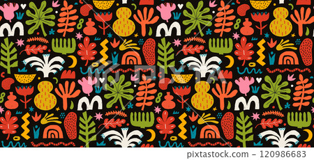 Abstract seamless pattern with color pencil shapes, figures and freeform blobs. Modern trendy vector seamless background with various plants and doodles in hand drawn color crayon pencil style. Abstract seamless pattern with color pencil shapes, figures and freeform blobs. Modern trendy vector seamless background with various plants and doodles in hand drawn color crayon pencil style. 120986683