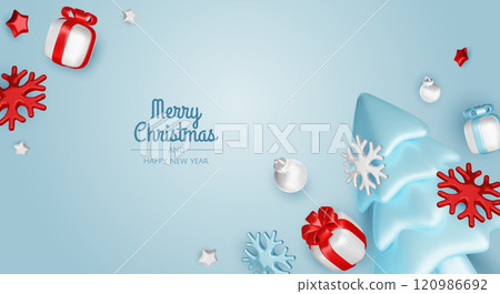 Happy New Year and Merry Christmas. Christmas holiday background with realistic 3d objects, bauble balls, conical metal stars. Levitation falling design composition. 120986692