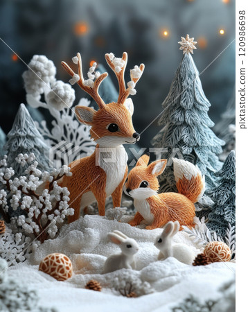 charming Christmas themed paper art scene featuring adorable deer and rabbits in snowy landscape, surrounded by trees and festive decorations 120986698