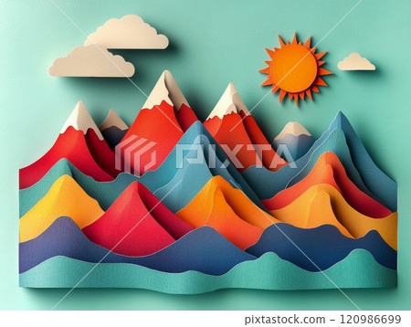 Colorful abstract landscape art featuring vibrant geometric mountains, clouds, and sun. layered design creates playful and cheerful atmosphere 120986699