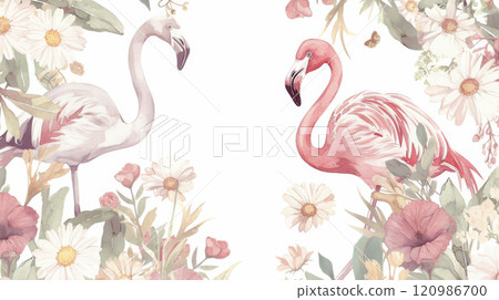 Flamingos surrounded by soft flowers create serene and whimsical scene. delicate colors and floral elements evoke sense of tranquility and beauty in nature 120986700