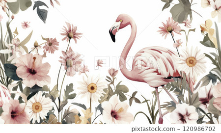 graceful flamingo stands amidst vibrant floral arrangement, featuring daisies and hibiscus. soft colors and delicate details create serene and charming atmosphere graceful flamingo stands amidst vibrant floral arrangement, featuring daisies and hibiscus. soft colors and delicate details create serene and charming atmosphere 120986702