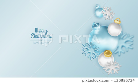 Christmas winter festive composition. Colorful Xmas background realistic 3d decorative design objects, christmas tree, gift boxes, xmas ball, confetti. Happy New Year. Vector illustration 120986724