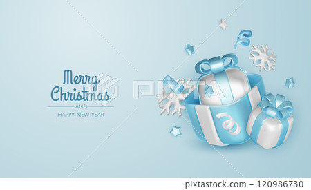 Christmas winter festive composition. Colorful Xmas background realistic 3d decorative design objects, christmas tree, gift boxes, xmas ball, confetti. Happy New Year. Vector illustration Christmas winter festive composition. Colorful Xmas background realistic 3d decorative design objects, christmas tree, gift boxes, xmas ball, confetti. Happy New Year. Vector illustration 120986730