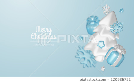Christmas winter festive composition. Colorful Xmas background realistic 3d decorative design objects, christmas tree, gift boxes, xmas ball, confetti. Happy New Year. Vector illustration 120986731