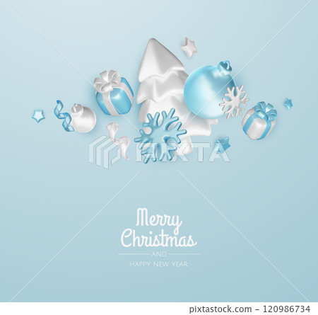 Happy New Year and Merry Christmas. Christmas holiday background with realistic 3d objects, bauble balls, conical metal stars. Levitation falling design composition. Happy New Year and Merry Christmas. Christmas holiday background with realistic 3d objects, bauble balls, conical metal stars. Levitation falling design composition. 120986734