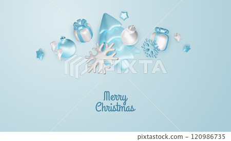 Happy New Year and Merry Christmas. Christmas holiday background with realistic 3d objects, blue and white bauble balls, conical metal stars, gift. Levitation falling design composition. 120986735