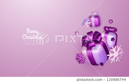 Christmas winter festive composition. Colorful Xmas background realistic 3d decorative design objects, christmas tree, gift boxes, xmas ball, gold confetti. Happy New Year. Vector illustration Christmas winter festive composition. Colorful Xmas background realistic 3d decorative design objects, christmas tree, gift boxes, xmas ball, gold confetti. Happy New Year. Vector illustration 120986744